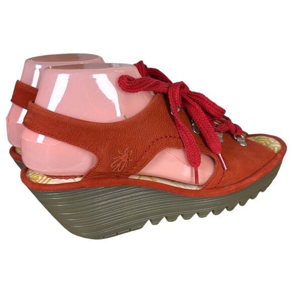 Fly London Ylfa Lace Up Red Leather Open Toe Wedge EU Size 40  US 9.5 - Picture 5 of 8